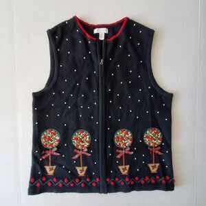 Vintage Wool Holiday Vest Embroider Topiary Charter Club Sz M Grandmacore Winter